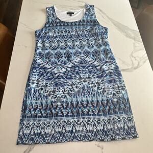 Allison Britney Womens Large Sheath Dress Sleeveless Eyelet Blue Geo Print Lined